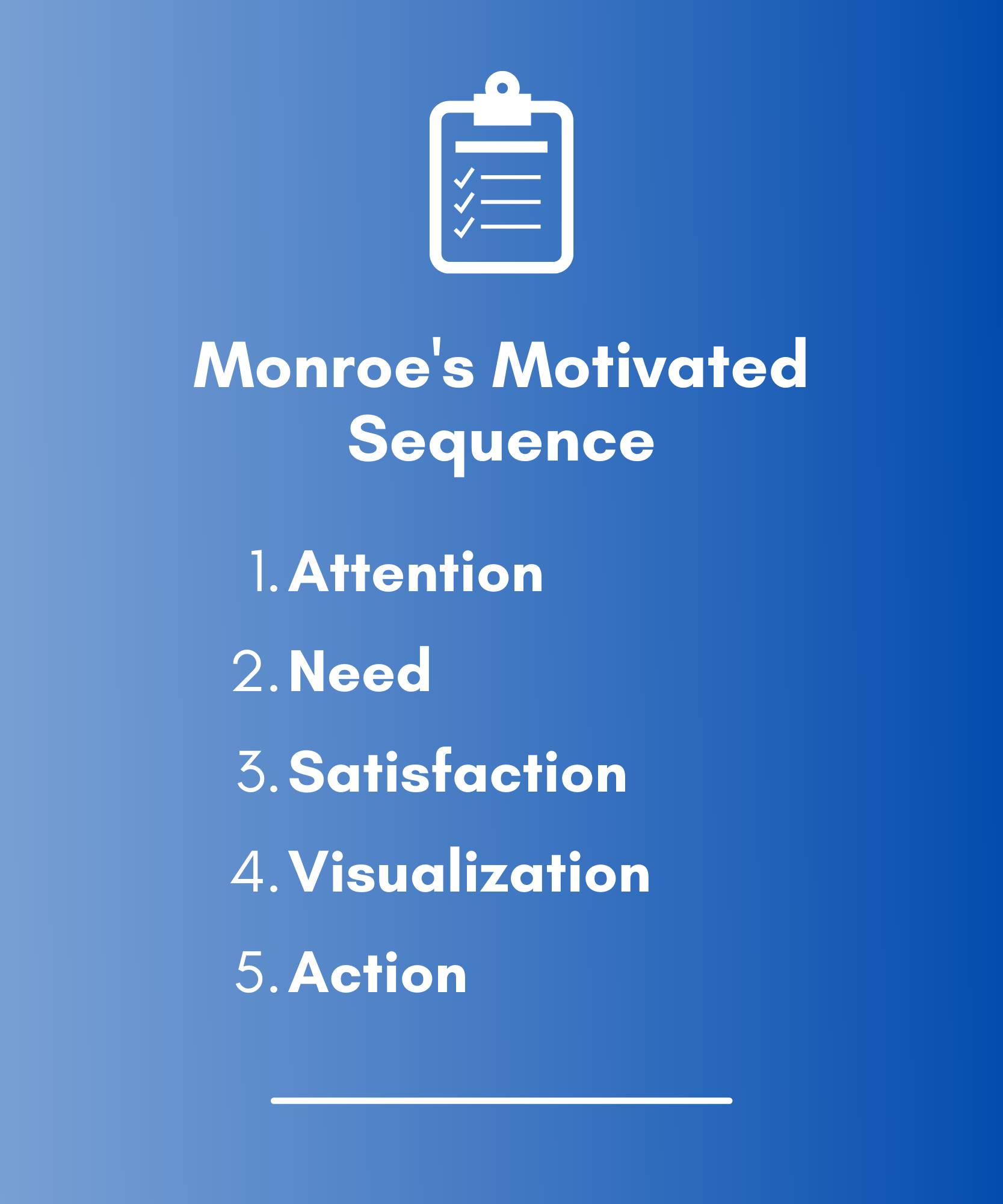 Monroe's Motivated Sequence: 1. Attention. 2. Need. 3. Satisfaction 4. Visualization 5. Action